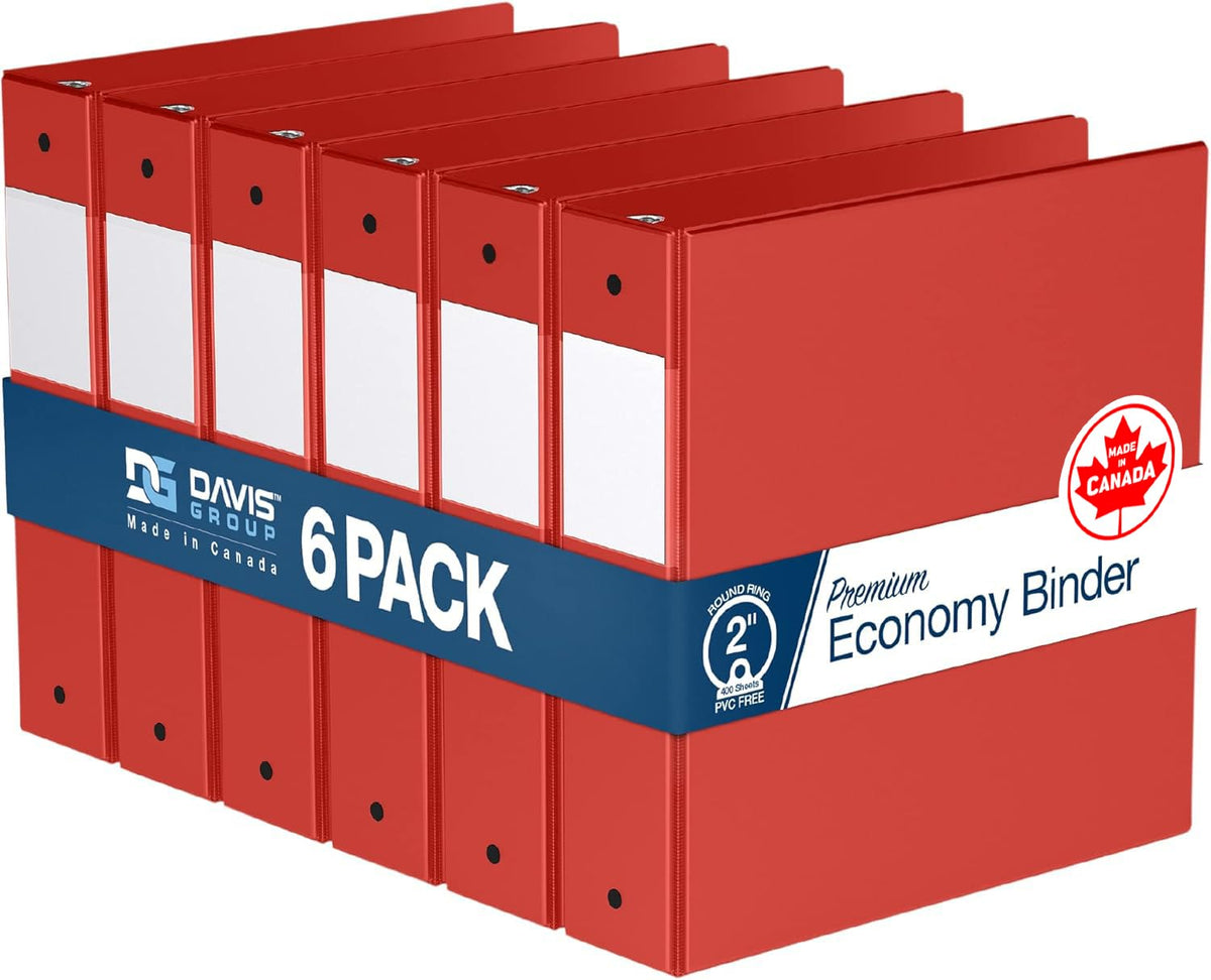 Premium Economy 3-Ring Binder, Spine Label, 2" Round Rings, Red, 6 Pack