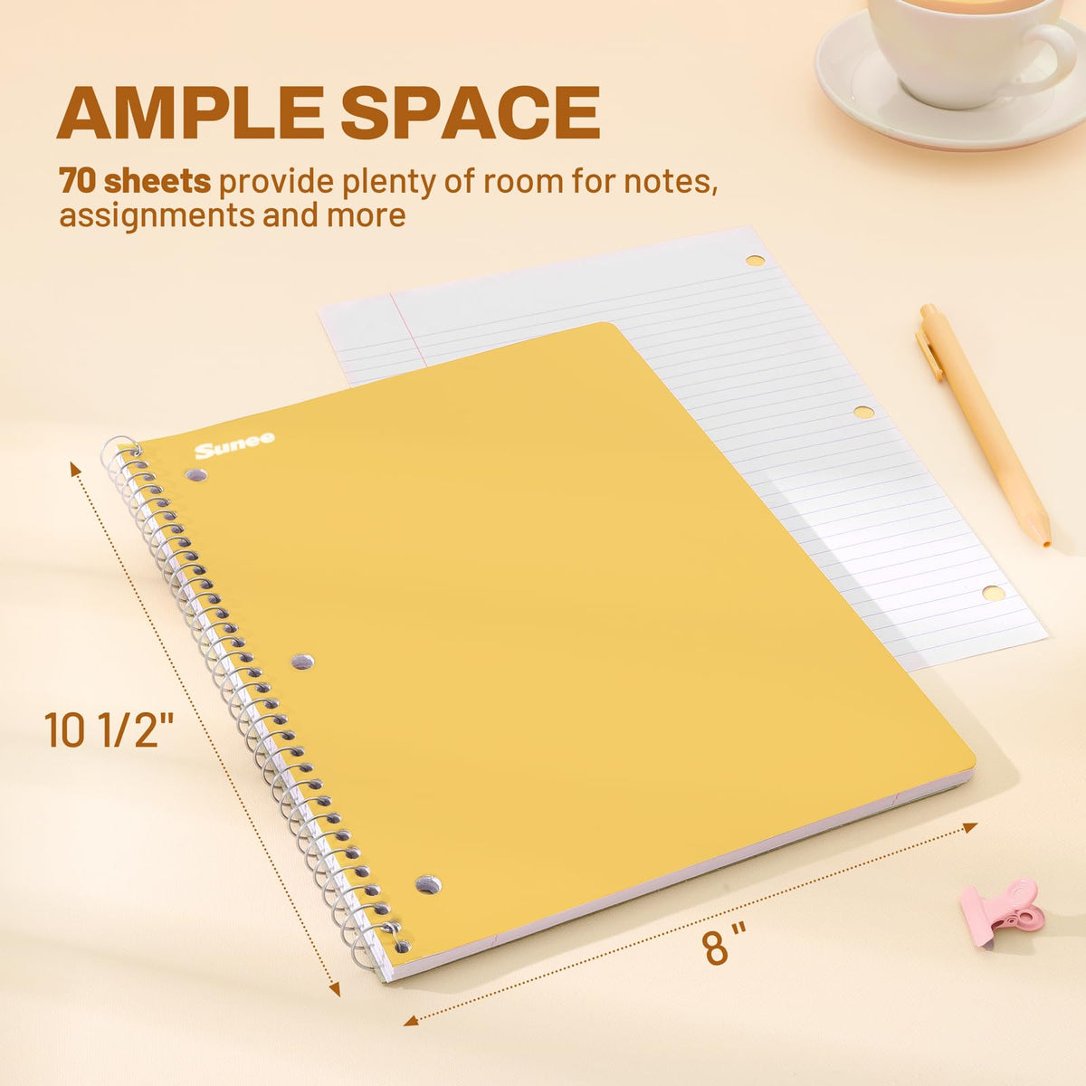 SUNEE Spiral Notebooks, 3 Pack, 1-Subject, College Ruled Paper, 8" x 10-1/2", 70 Sheets per