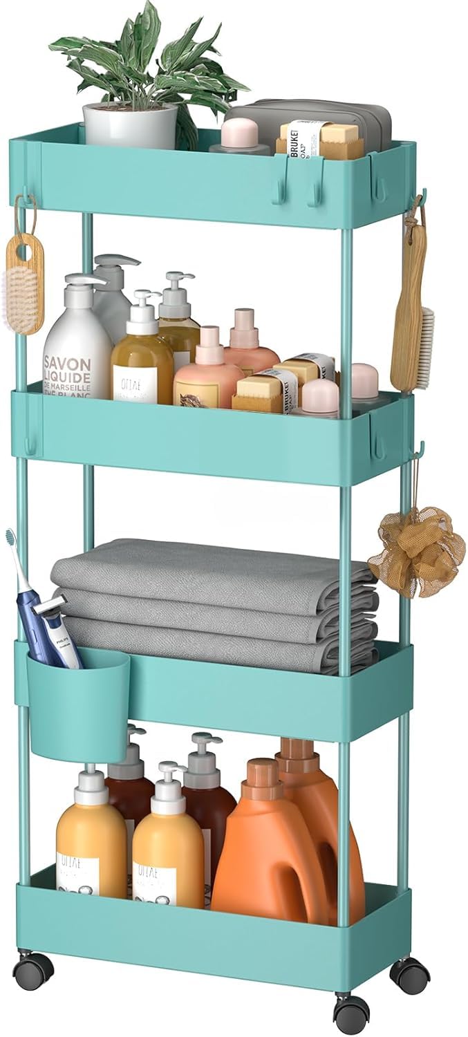 Pipishell 4 Tier Slim Storage Cart with Wheels, Laundry Cart, Turquoise