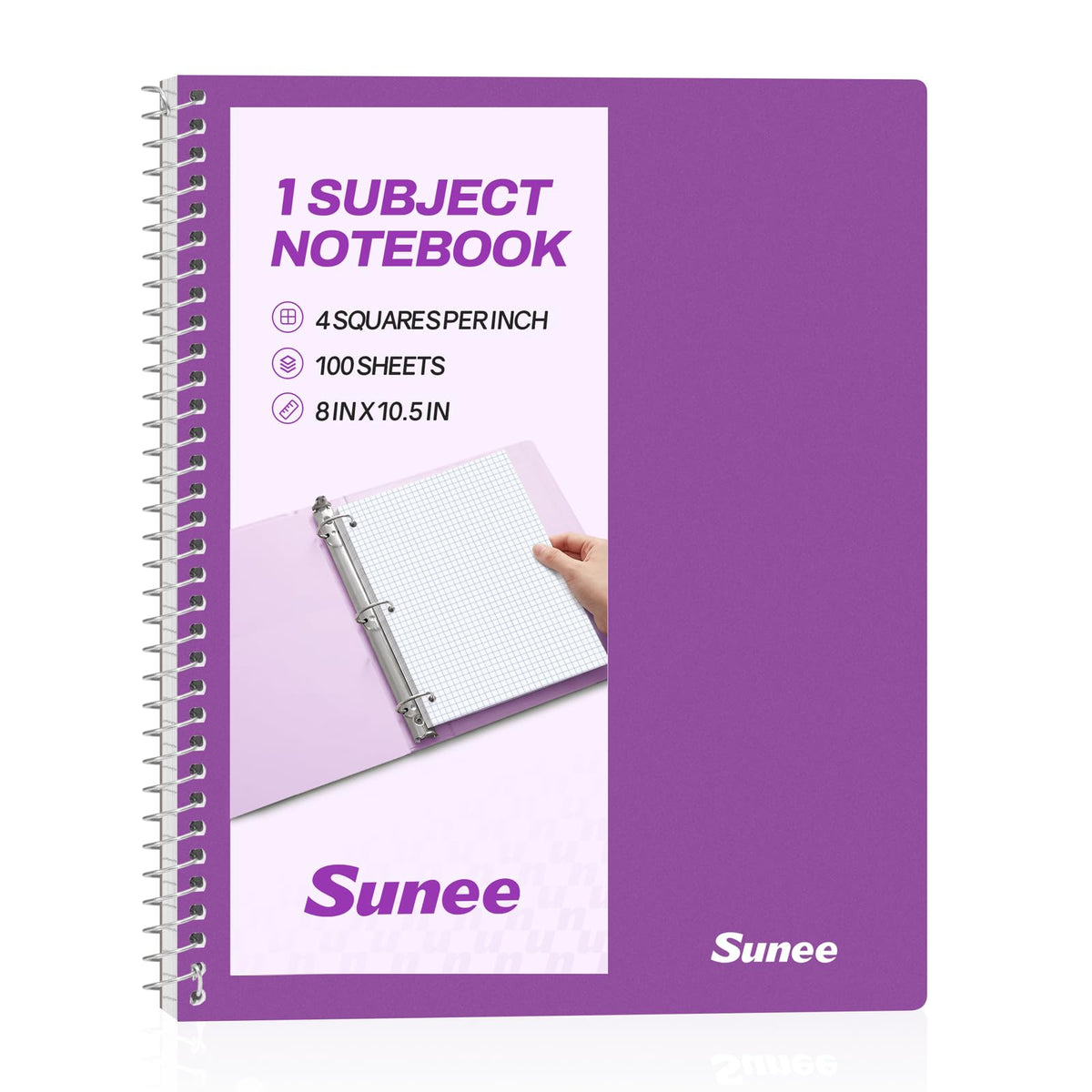 SUNEE Spiral Notebook, 1-Subject, Graph Ruled Paper, 8" x 10-1/2", 100 Sheets per Notebook, 3-Hole