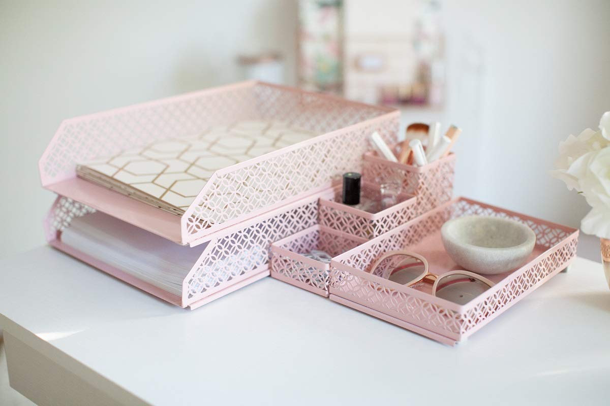 BLU MONACO | Pink Desk Organizer Set for Women 6 Piece | Mail Sorter Organizer Countertop with