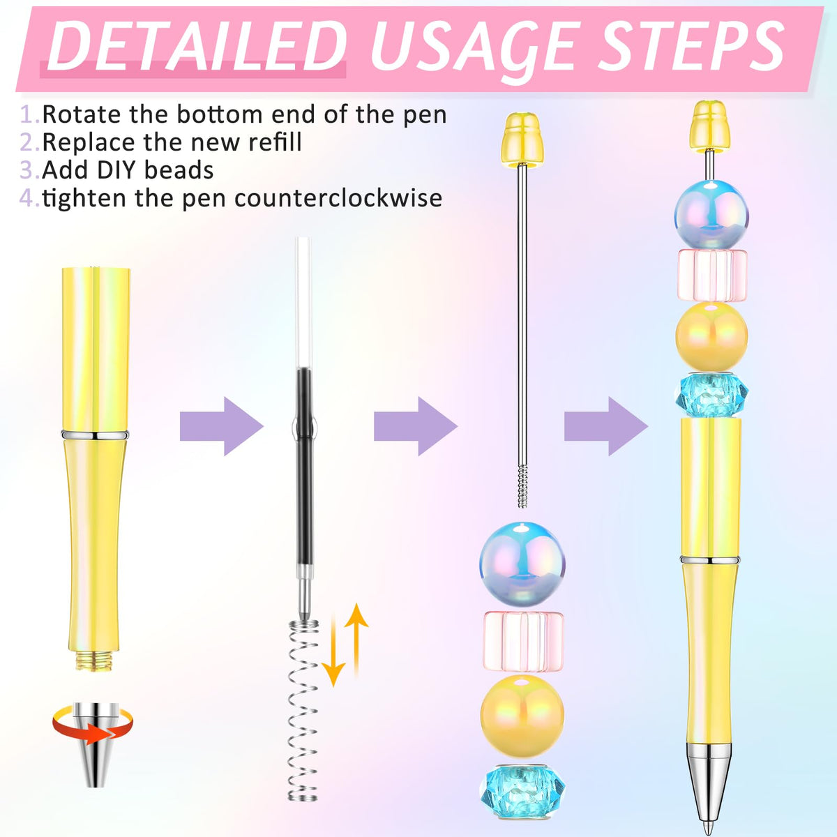 Crtiin 100 Pcs Beadable Pen School DIY Kit,Electroplated Candy Colors