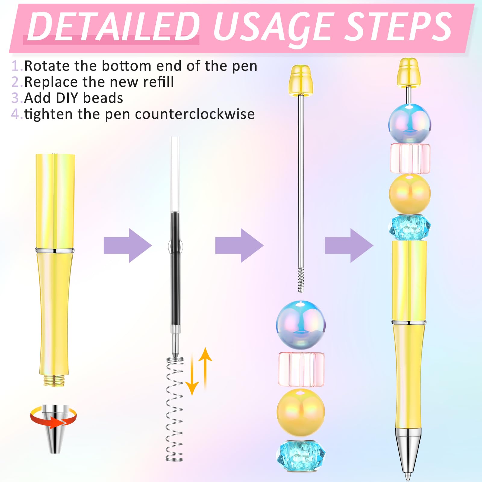 Crtiin 100 Pcs Beadable Pen School DIY Kit,Electroplated Candy Colors