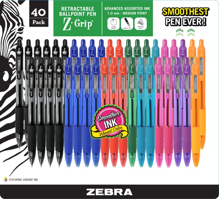Zebra Pen Z-Grip Retractable Ballpoint Pens, Medium Point 1.0 mm, Assorted Colors, Pack of 40