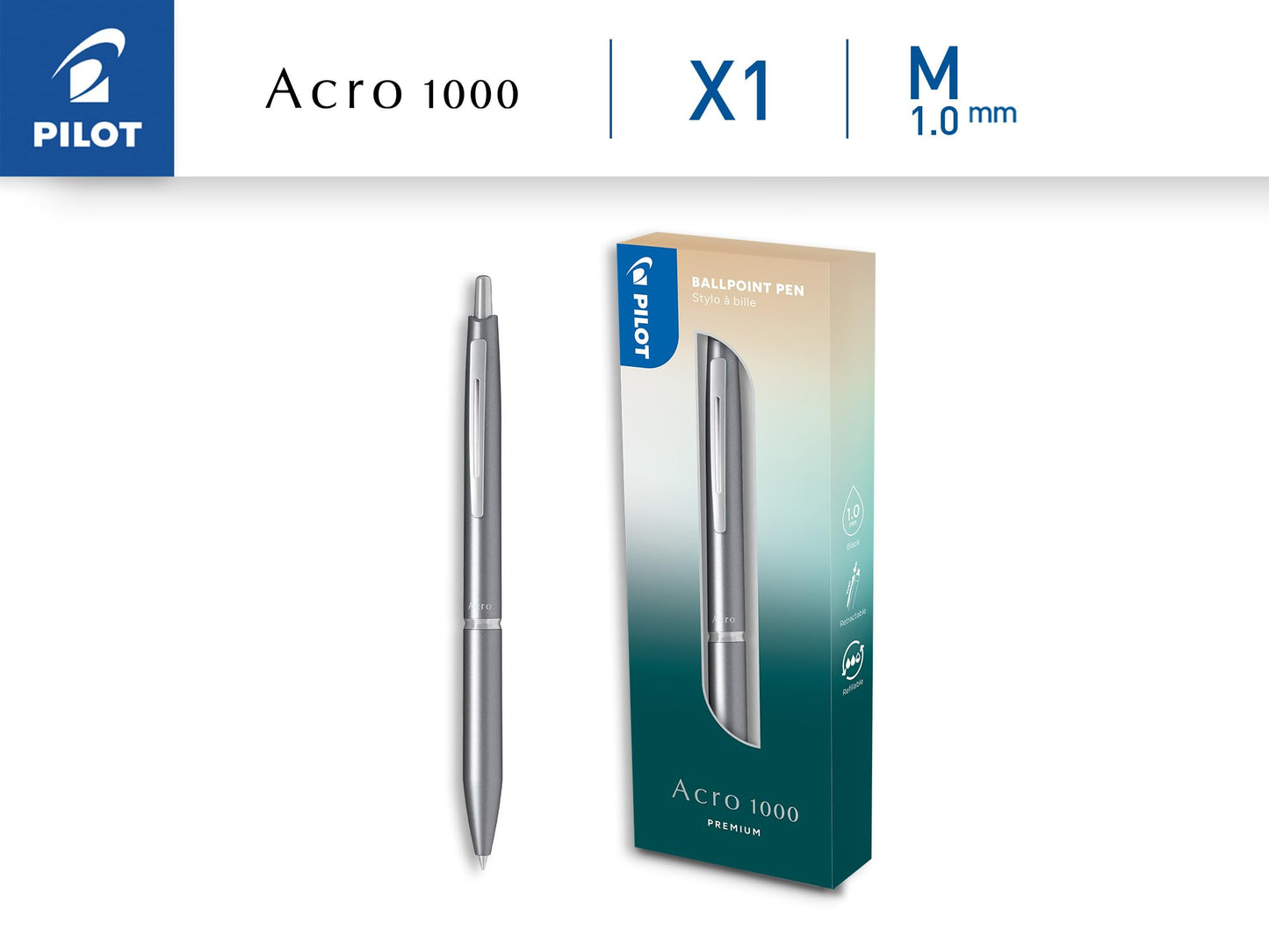 Pilot - Premium Acro 1000 Silver ballpoint pen in gift box - Ultra soft ink for unparalleled