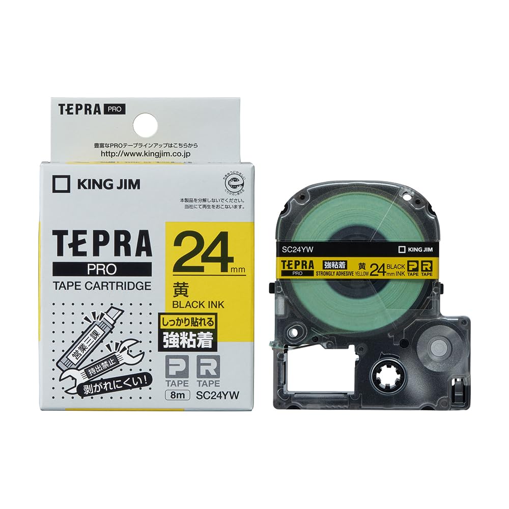 King Jim SC24YW Tepra PRO Tape Cartridge, Strong Adhesive, 0.9 inches (24 mm), Yellow Label/Black