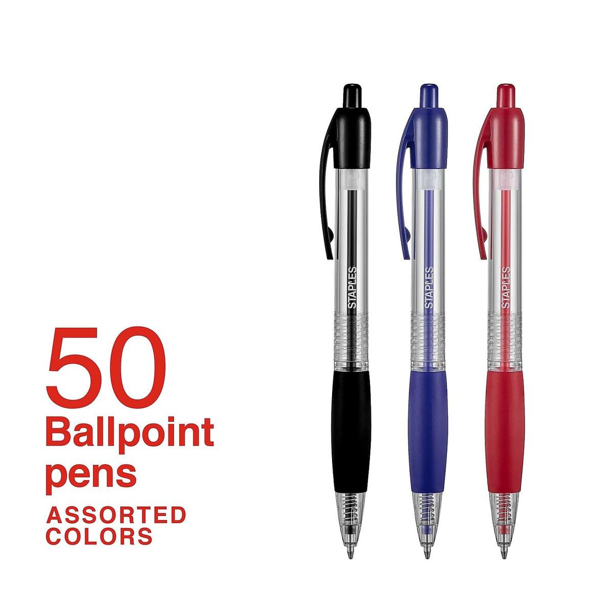 Staples Retractable Ballpoint Pens, Medium 1.0mm, Assorted Ink, 50-Pk