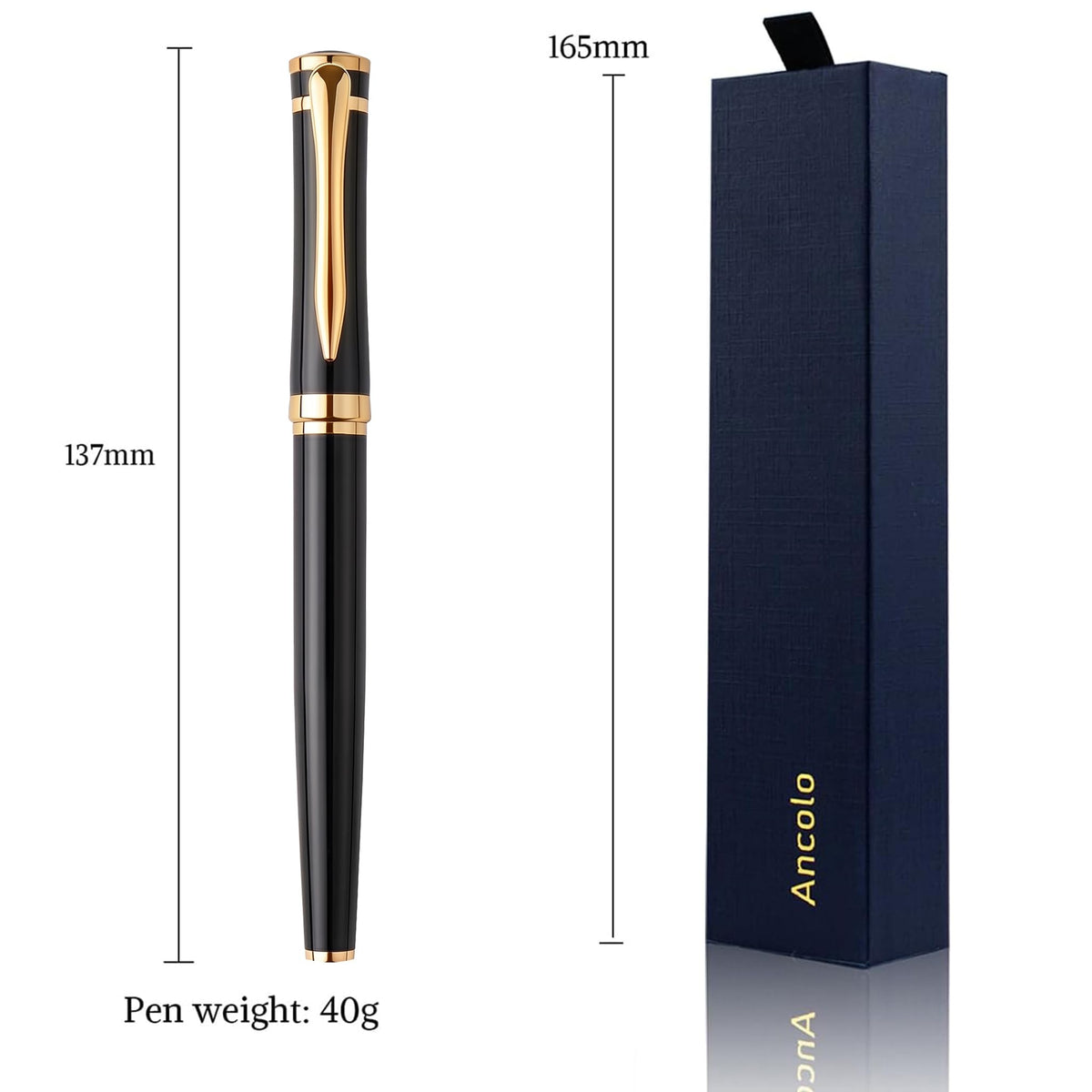 Ancolo Custom Luxury Black Roller Pen Set - Metal Body with Gift Box,2 Black Ink Refills Smooth
