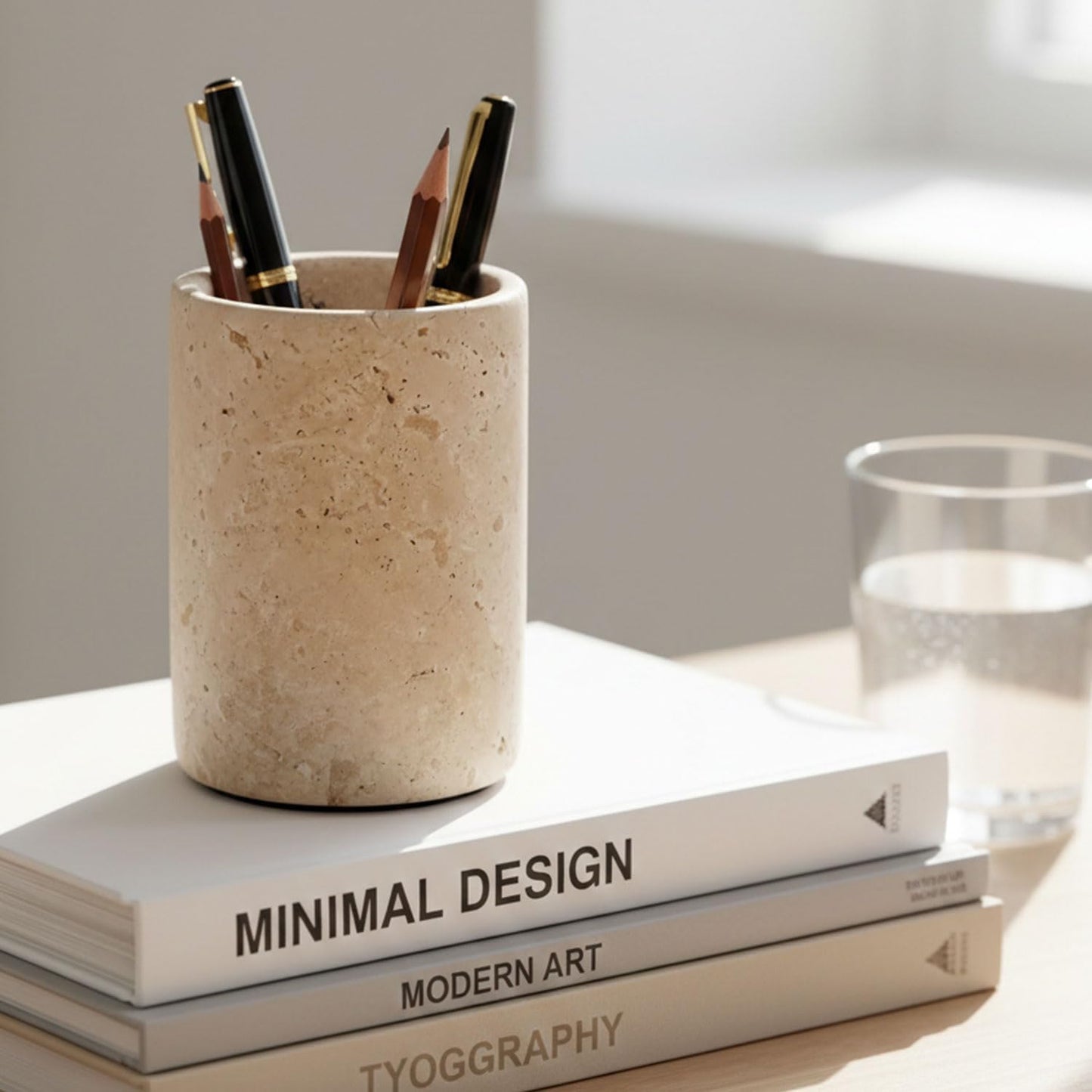Radicaln Marble Pen Holder For Desk 4" Inches Travertine Handmade Pencil Holder & Pen Holder for