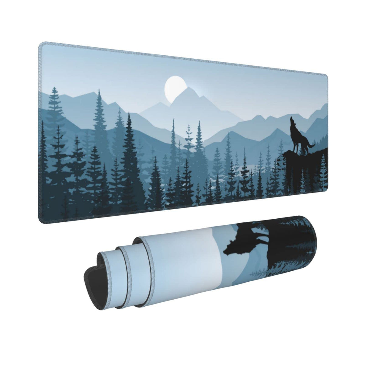 Fog Forest Blue Mountains Wolf Tree XXL XL Large Gaming Mouse Pad for Desk, Non-Slip Long Extended