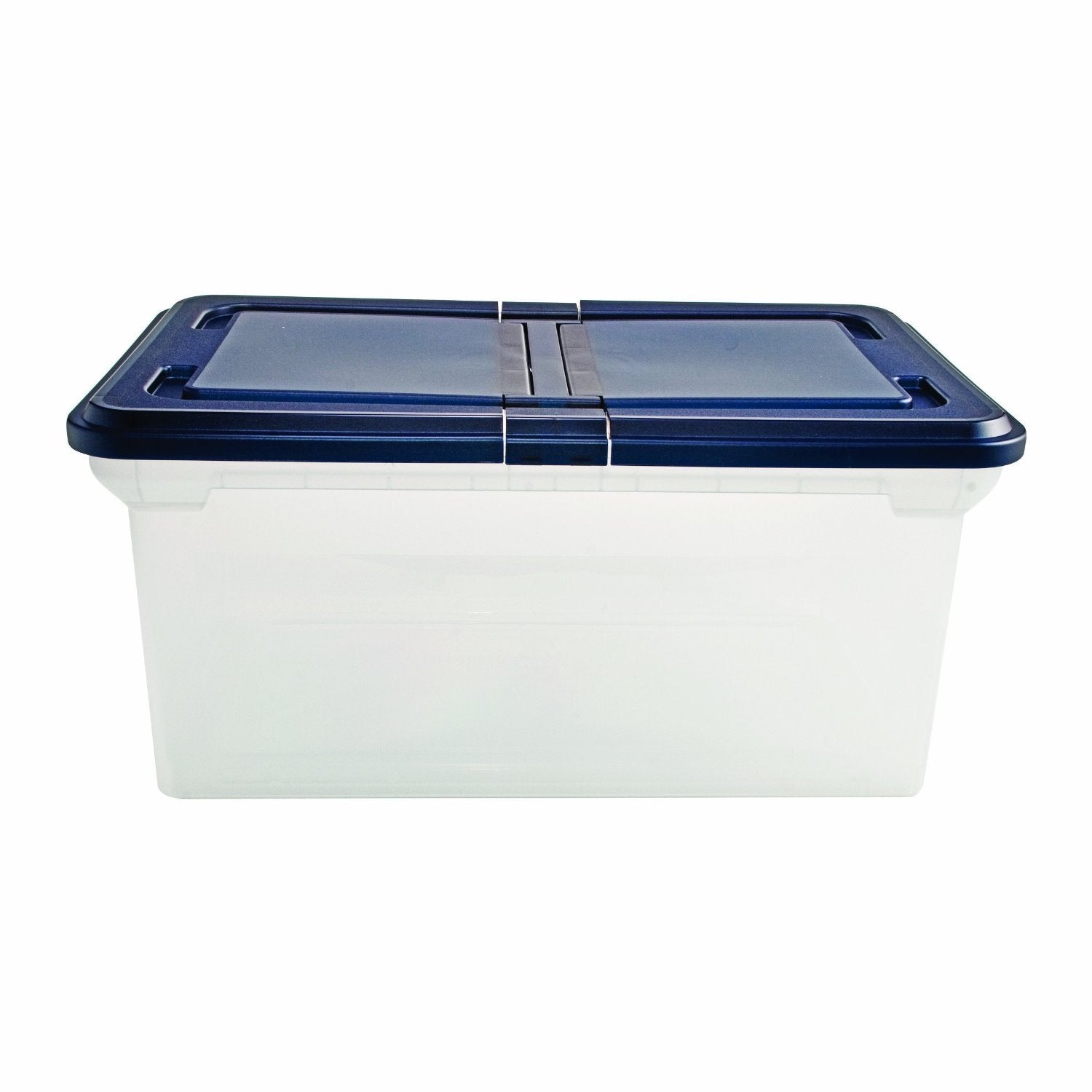 Innovative Storage Designs 55797 File Tote with Hinged Lid, Letter, Plastic, Clear/Navy