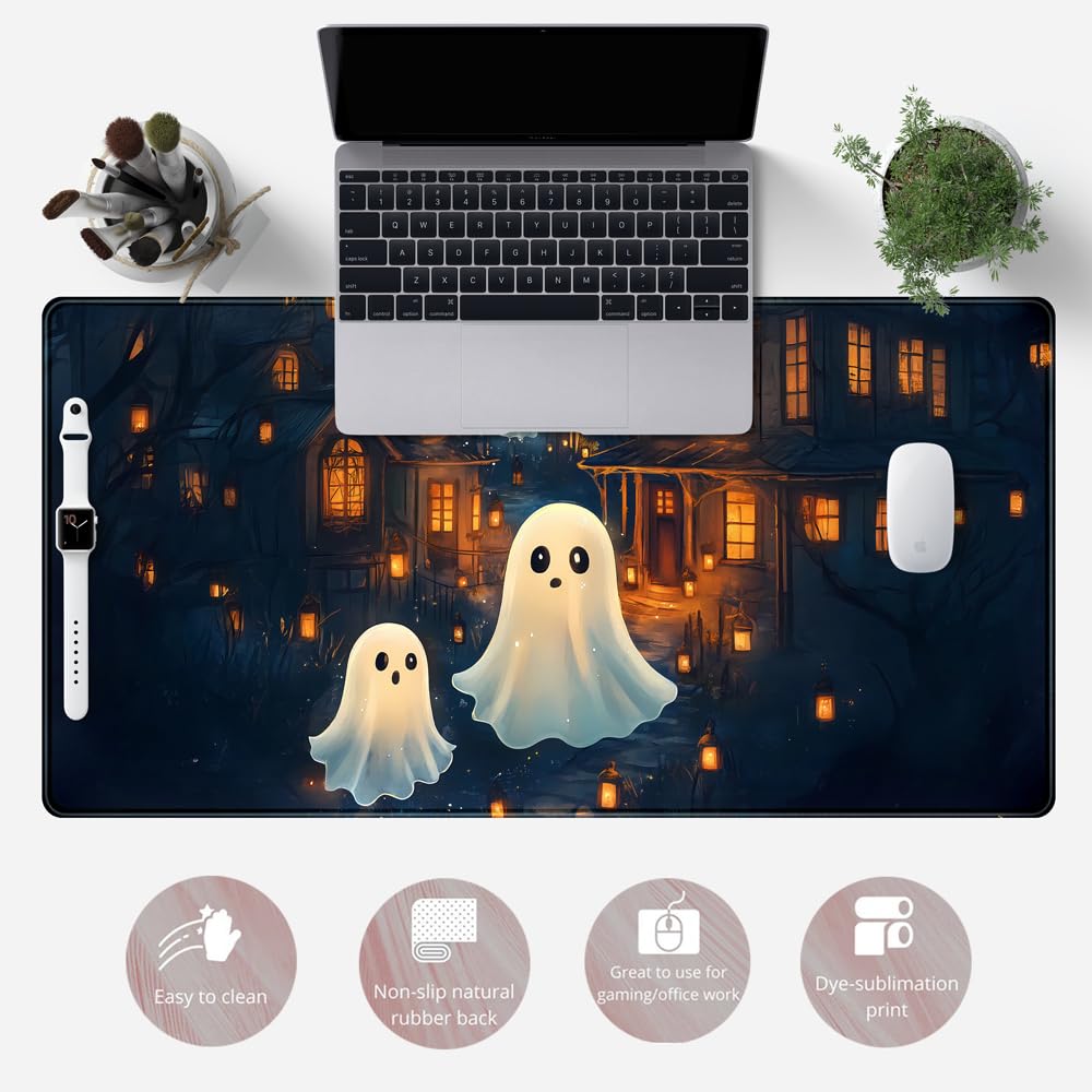 Cute Desk Mat Ghost Cartoon Mouse Pad Haunted House Style Desk Pad, Gaming Mouse Pad XXL Mouse