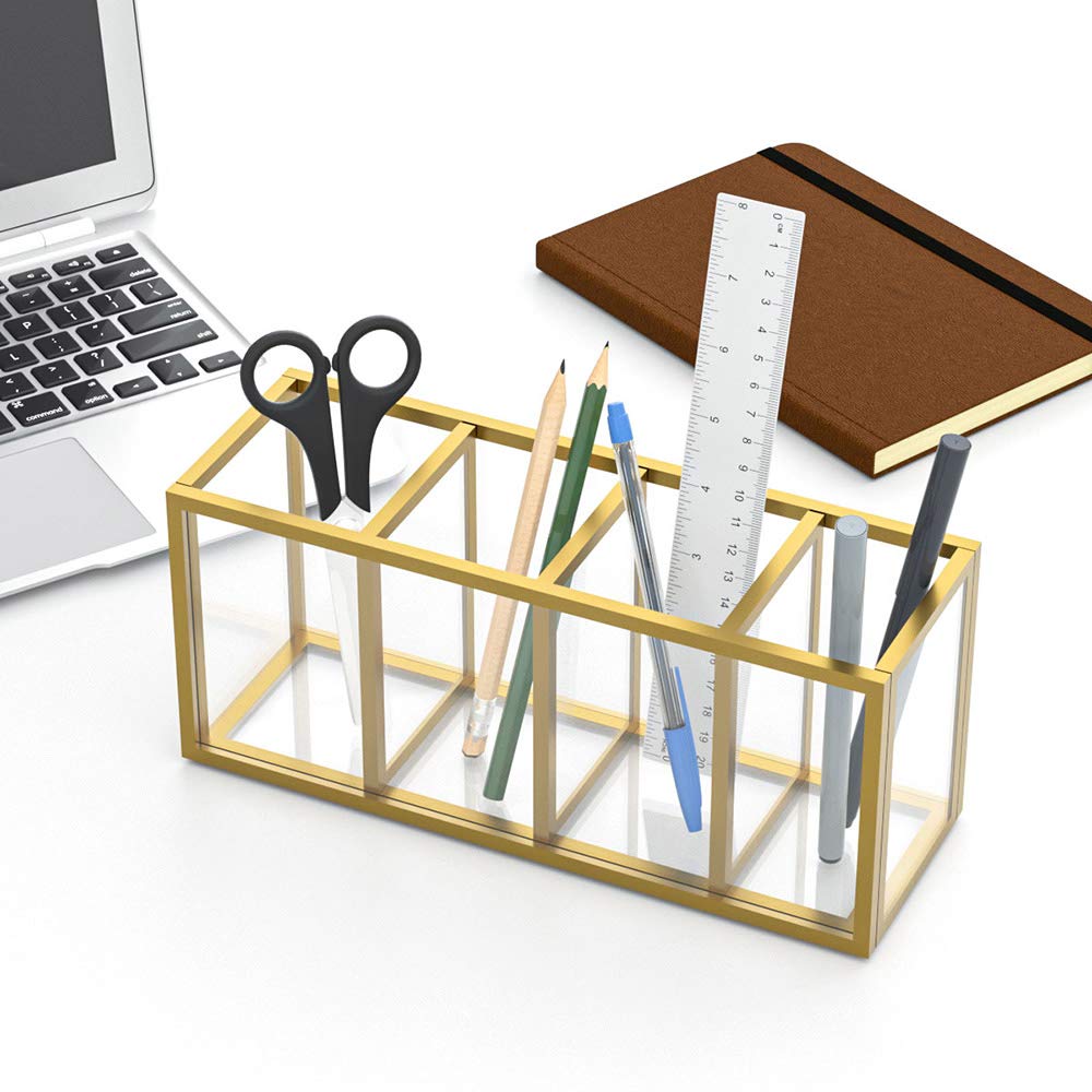 NIUBEE Gold Acrylic Pen Holder 4 Compartments, Desk Office Pencil Cup Desk