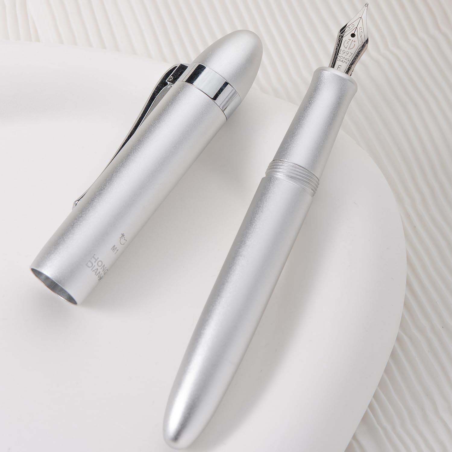 HONG DIAN M1 Fountain Pen Extra Fine Nib, Silver & Submarine Shape Aluminium Short Mini Pocket