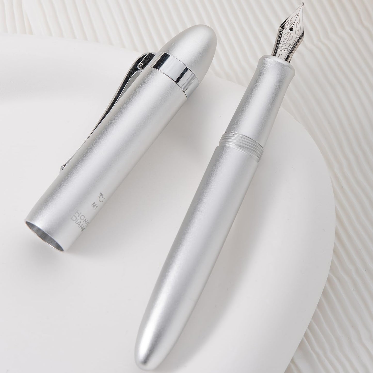 HONG DIAN M1 Fountain Pen Fine Nib, Silver & Submarine Shape Aluminium Short Mini Pocket Travel Pen