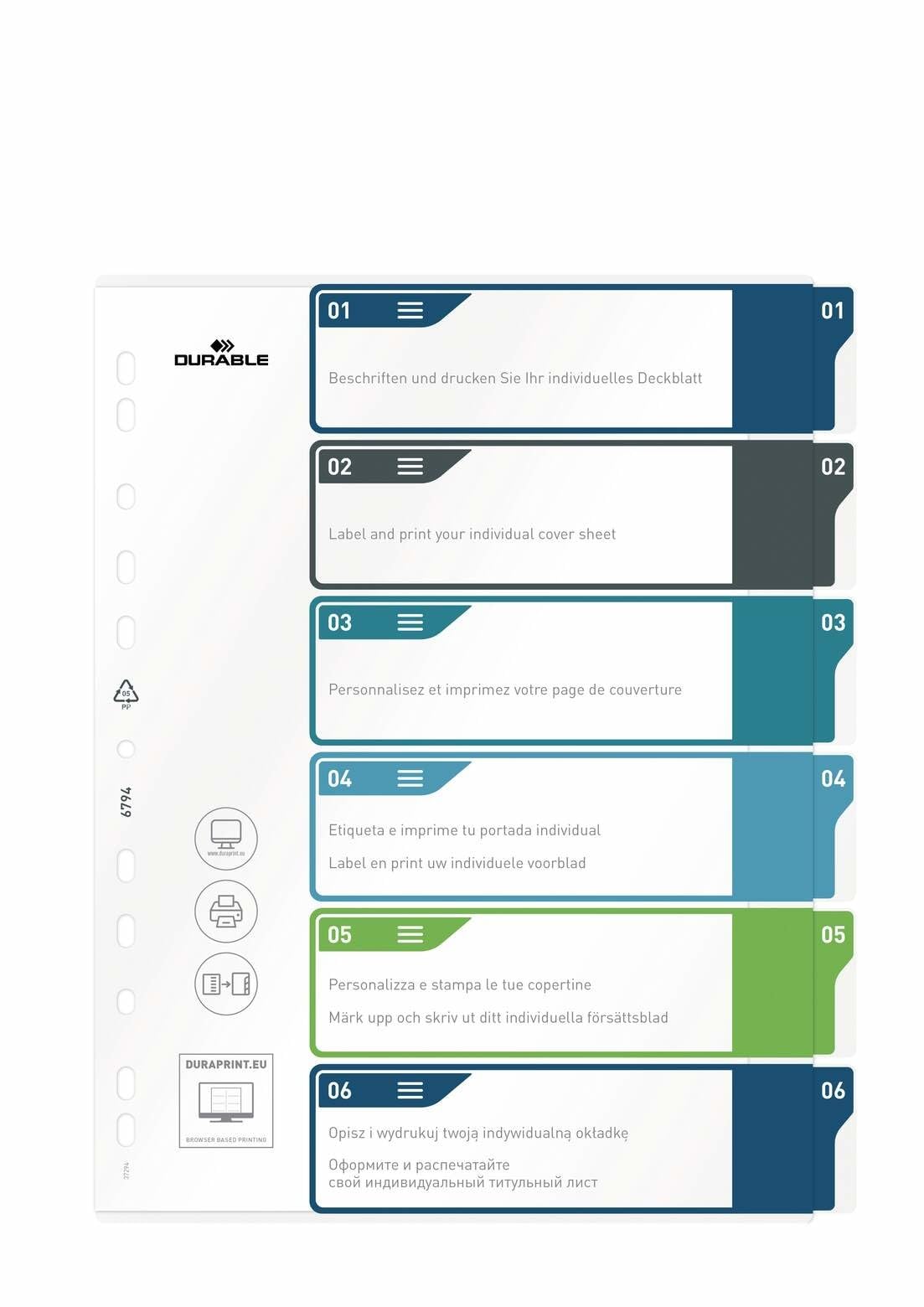 Durable Index Set 1-6 A4+, Portrait, Multicoloured Tabs, Made from PP
