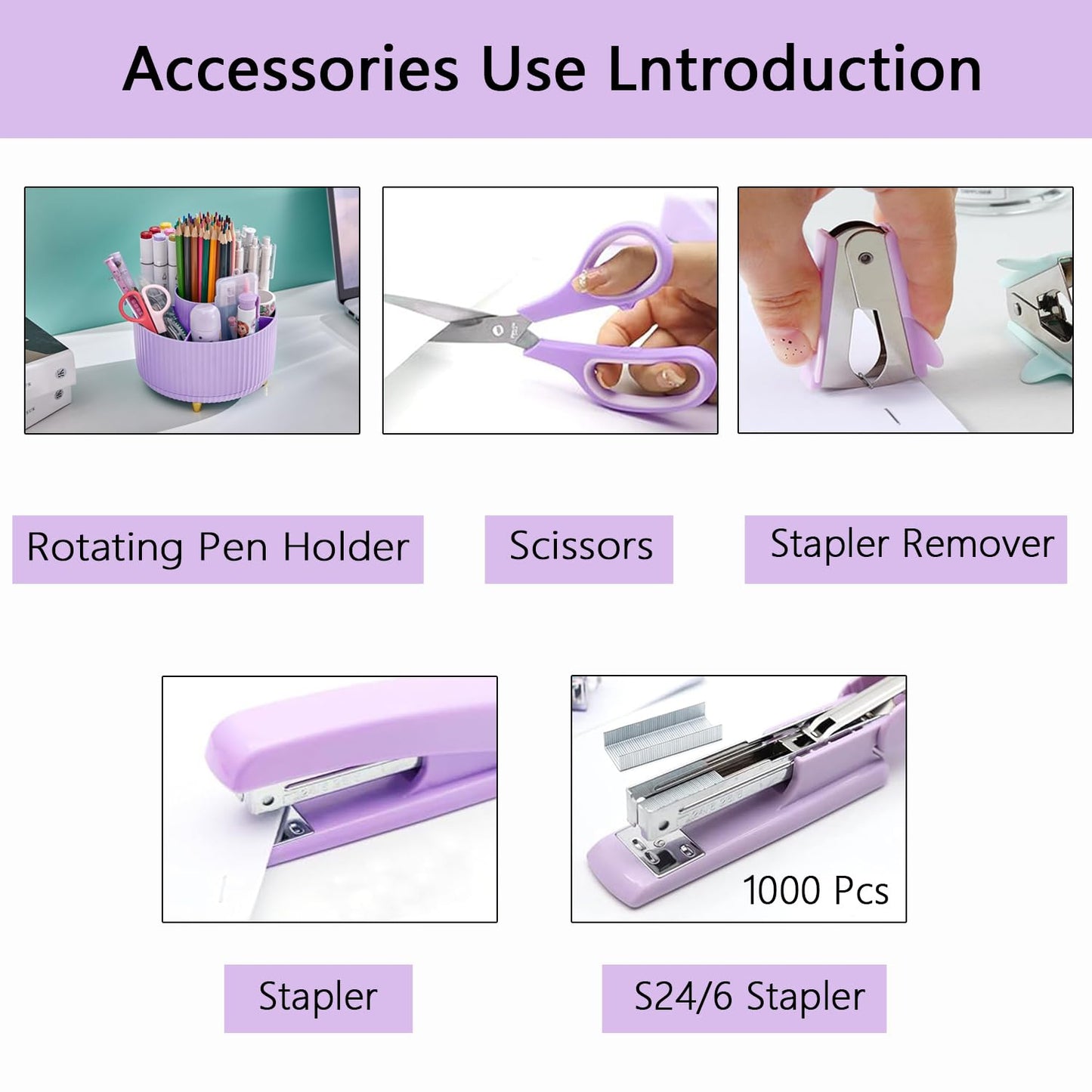 Office Supplies,Purple Desk Accessories,Office Supplies Set,Desk Organizer,Stapler,Tape
