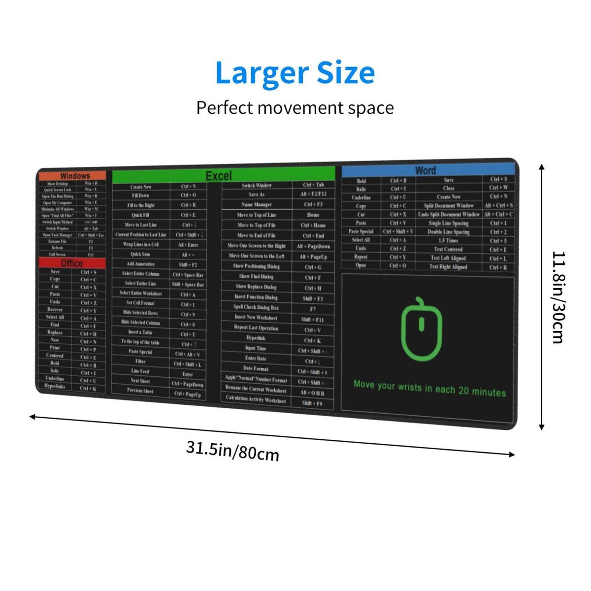 Excel Shortcut Mouse Pad XL Extended Desk Mat, Computer Mousepad