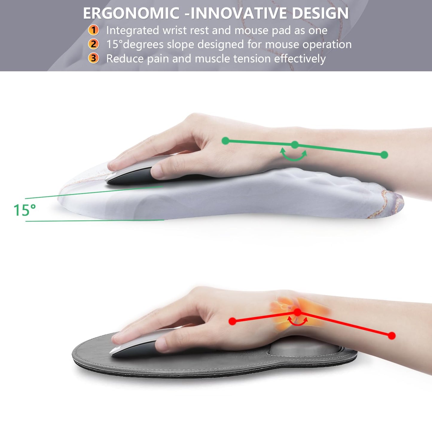 Laokiiy Ergonomic Mouse Pad Wrist Rest, 15° Memory Foam, Non-Slip PU Base