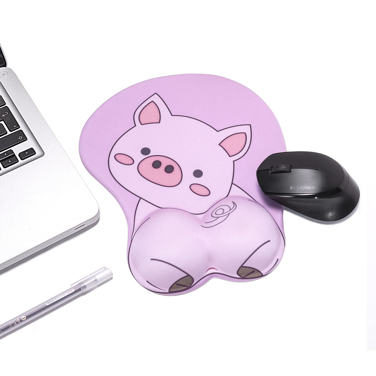 KAIGOBOX Mouse Pad Wrist Support, Pig Shape Design Pink Mouse Pad with Non-Slip Base, Desktop