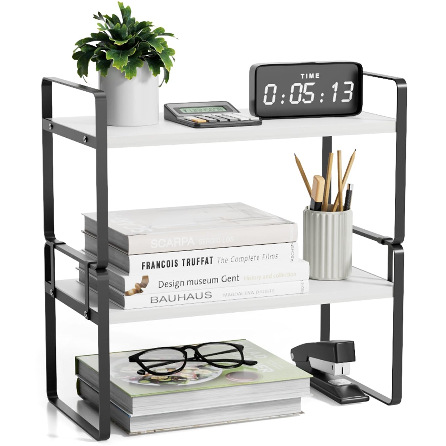 YGYQZ Desk Shelf Organizer, 2-Tier Desktop Bookshelf, Black & White