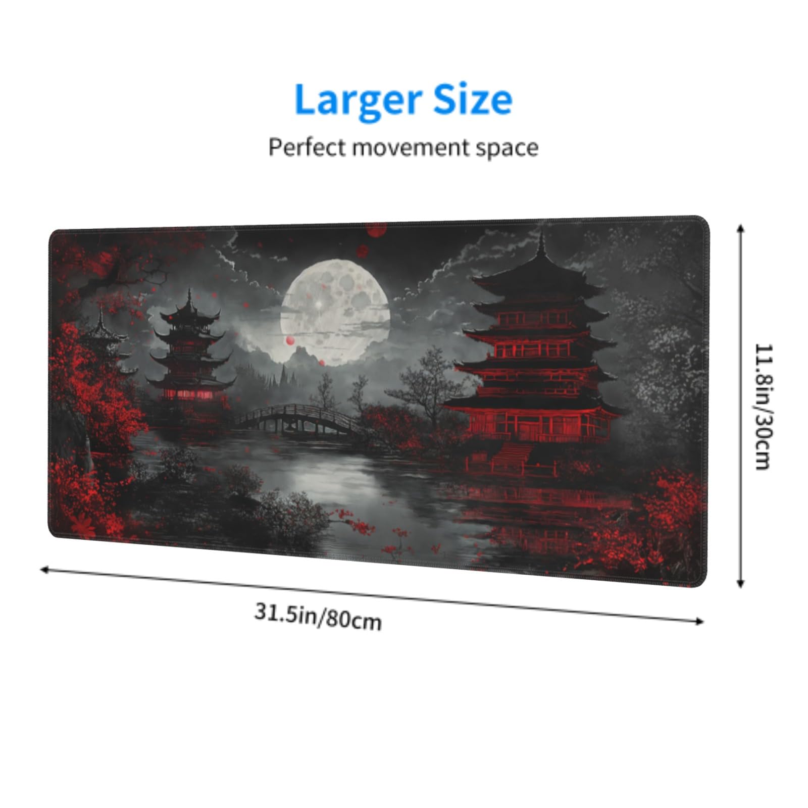Japanese Mouse Pad XXL 31.5 X 11.8 Inch Black Red Design Style Extended Large Gaming Mousepad