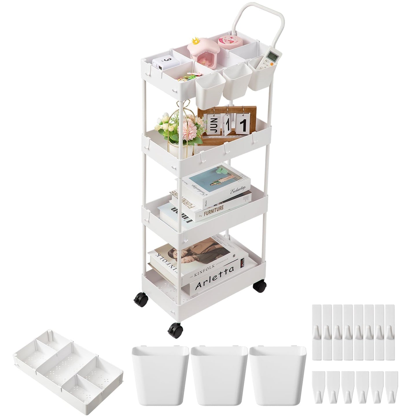 danpinera Storage Cart, 4 Tier Narrow Rolling Storage with Wheels & Dividers, Bathroom Organizer