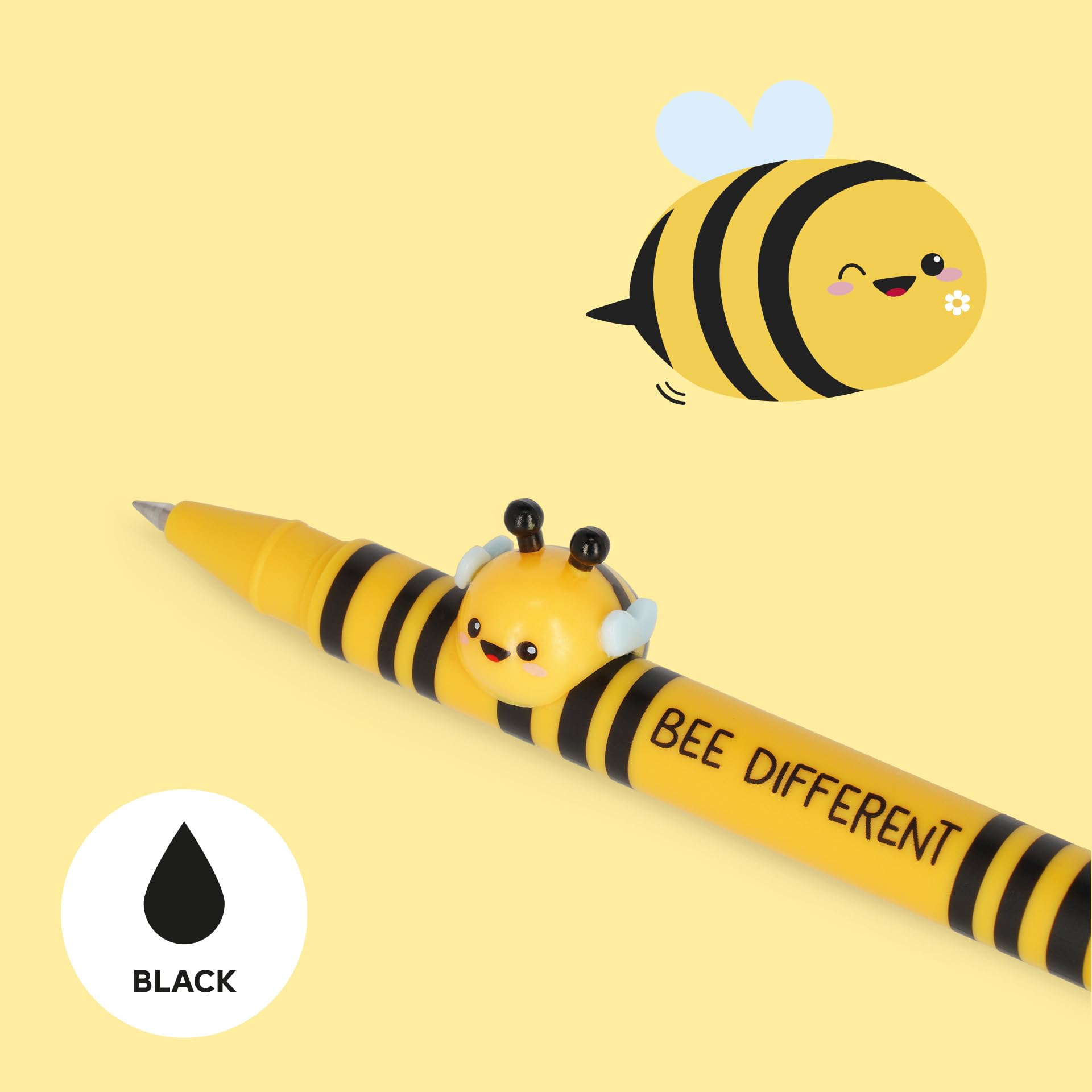 Legami - Gel Pen with Decorative Animal - Lovely Friends, Bee Theme, Avoid Rolling, Black Ink