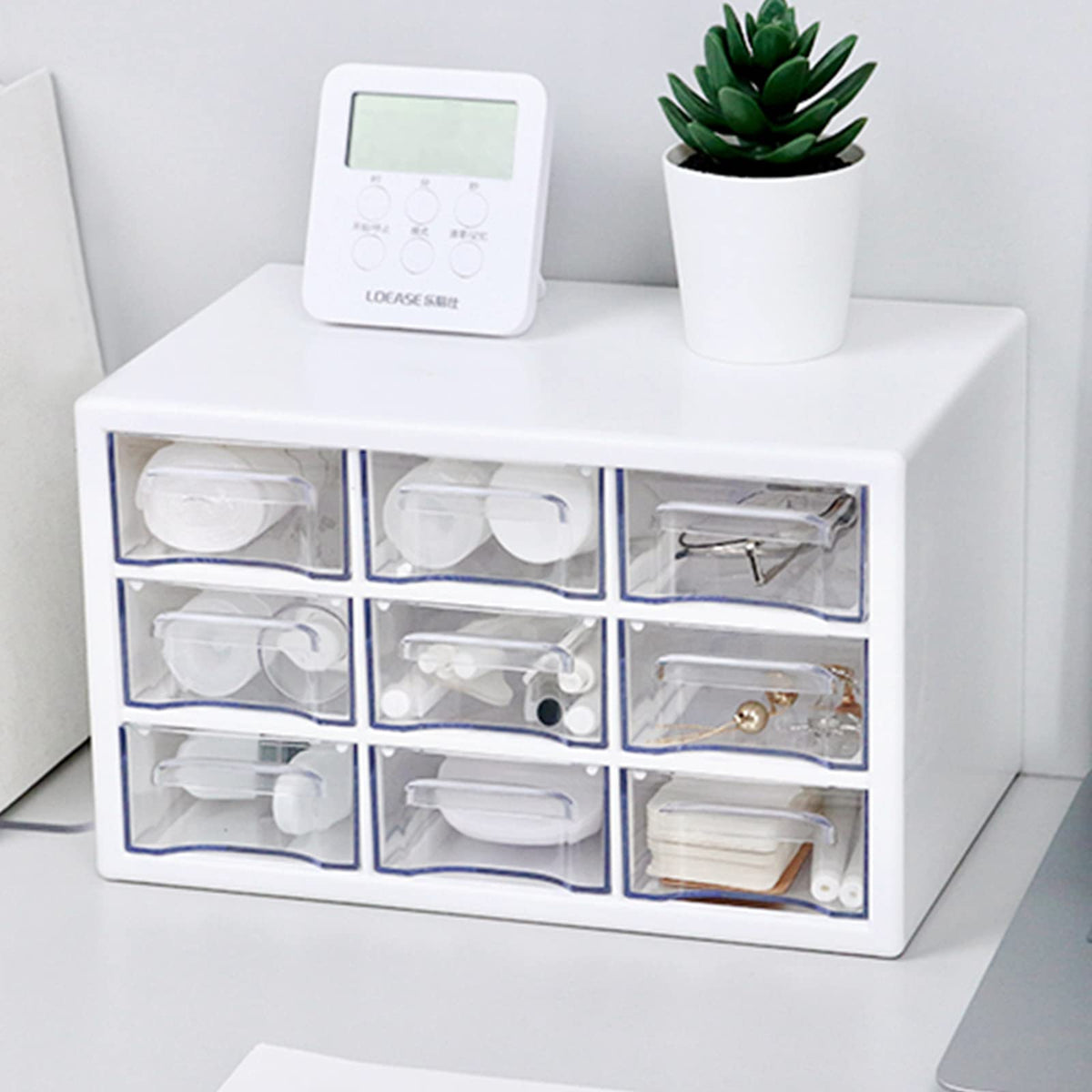 Desk Storage Organizer with 9 Drawers, MYKASEN Clear Plastic Storage Cabinet, Stackable Desk