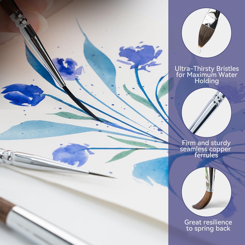 Transon 11pcs Sable Watercolor Brushes Professional Brush Set for Watercolor Painting Gouache