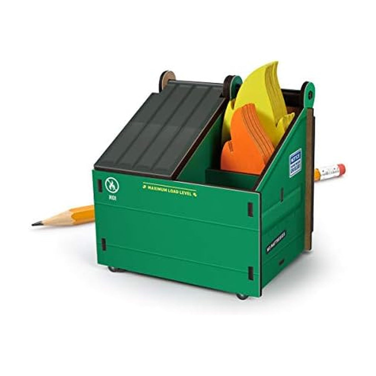 Genuine Fred Desk Dumpster Pencil Holder with 100+ Flame Note Cards, Funny 3-Compartment Organizer