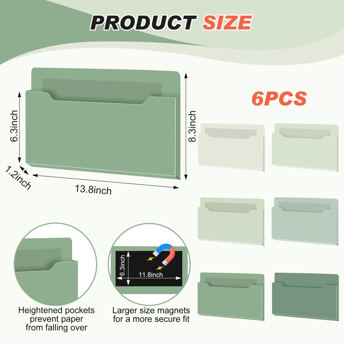 Fuutreo Magnetic Wall File Holder,6pcs,Sage Green,Horizontal-large