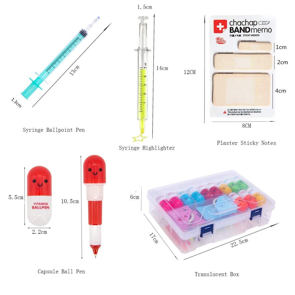 34 Pcs Cute School Supplies Set 12 Syringe Highlighters 4 Nursing Needle Pens 12 Vitamin Pill Pens