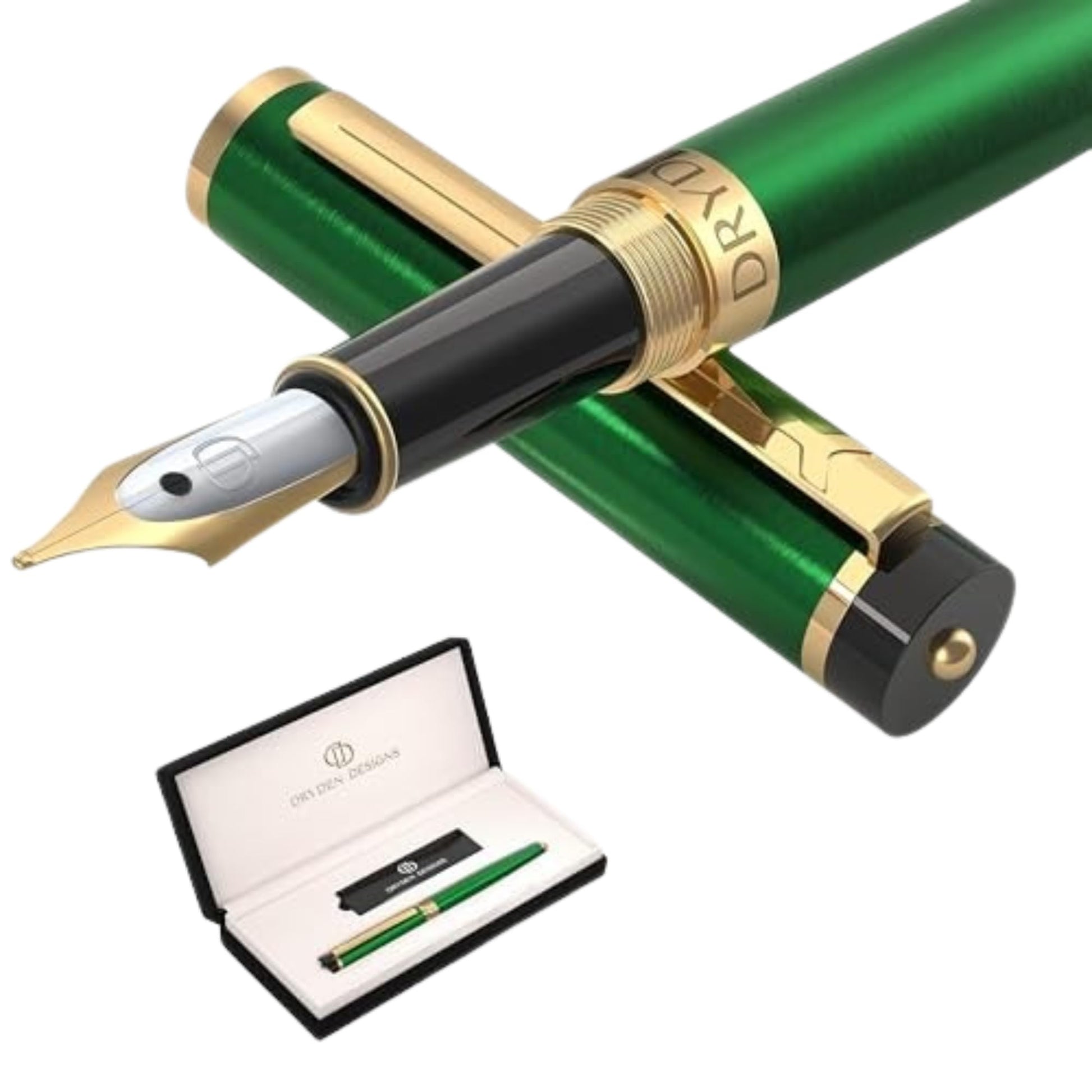 Dryden Designs Fountain Pen. Medium Nib Premium Box | 6 Ink Cartridges Included (Emerald Green)