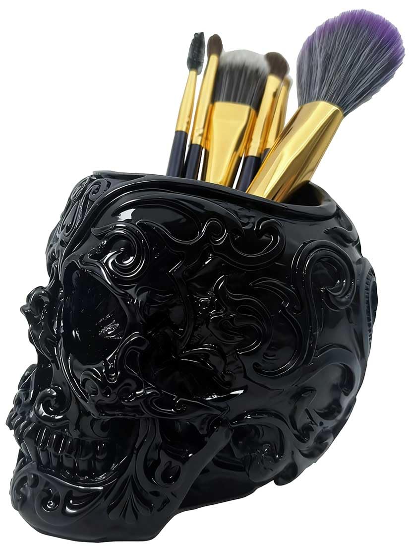 CUZOKOLA Goth Accessories Black Skull Decor for Pen Holder with Strong Resin,Skull Makeup Brush