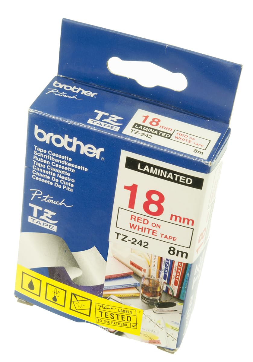 Brother TZe-242 Labelling Tape Cassette, Red on White, 18 mm (W) x 8 m (L), Laminated, Brother