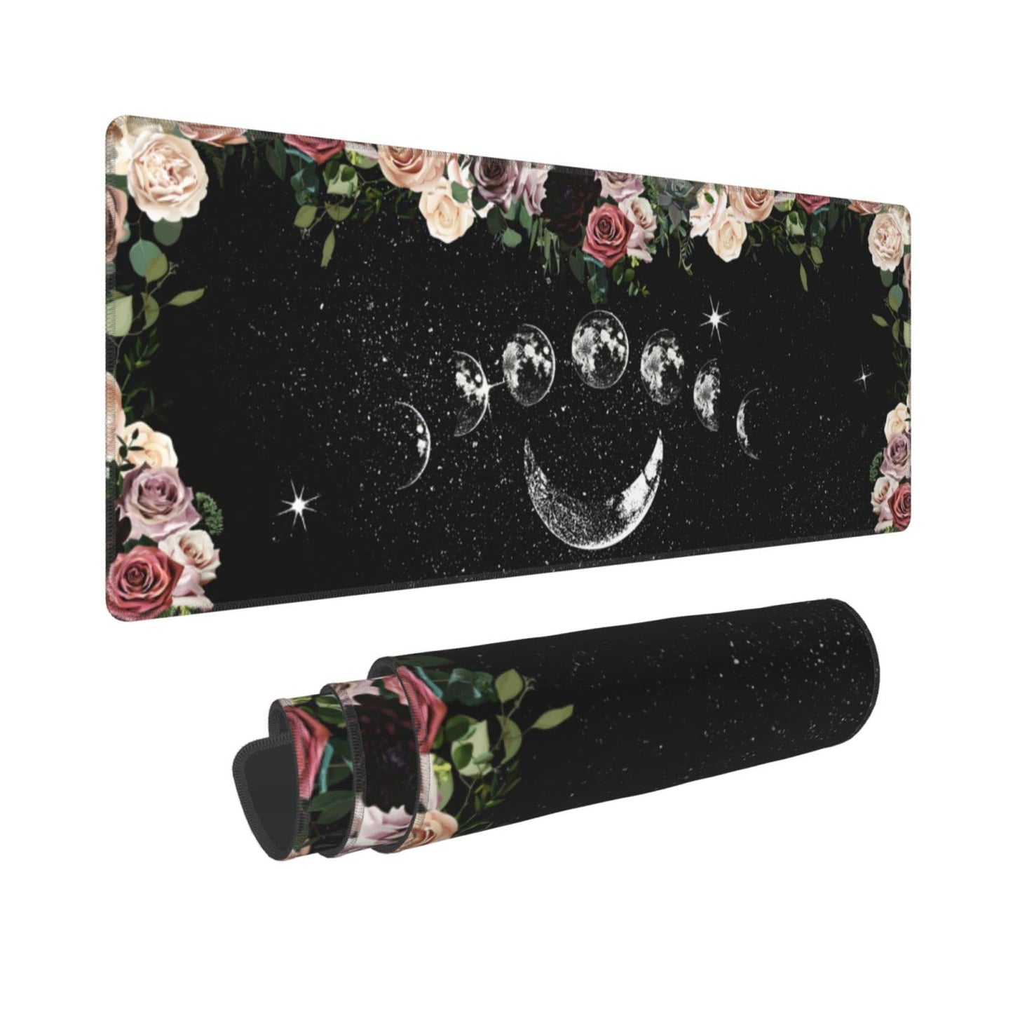 Pale Roses Moon Phase Witchy Tarot Black XXL XL Large Gaming Mouse Pad for Desk, Non-Slip Long