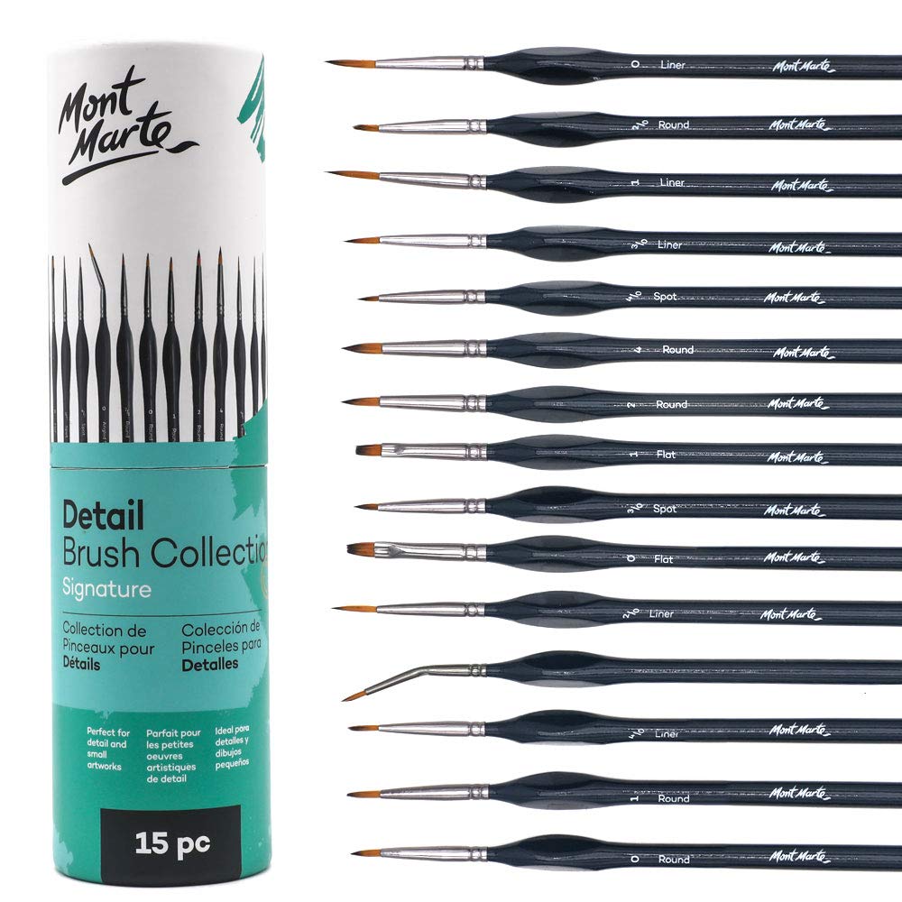 Mont Marte Signature Detail Brush Collection, 15 Piece, Taklon Bristles, Suitable for Acrylic, Oil