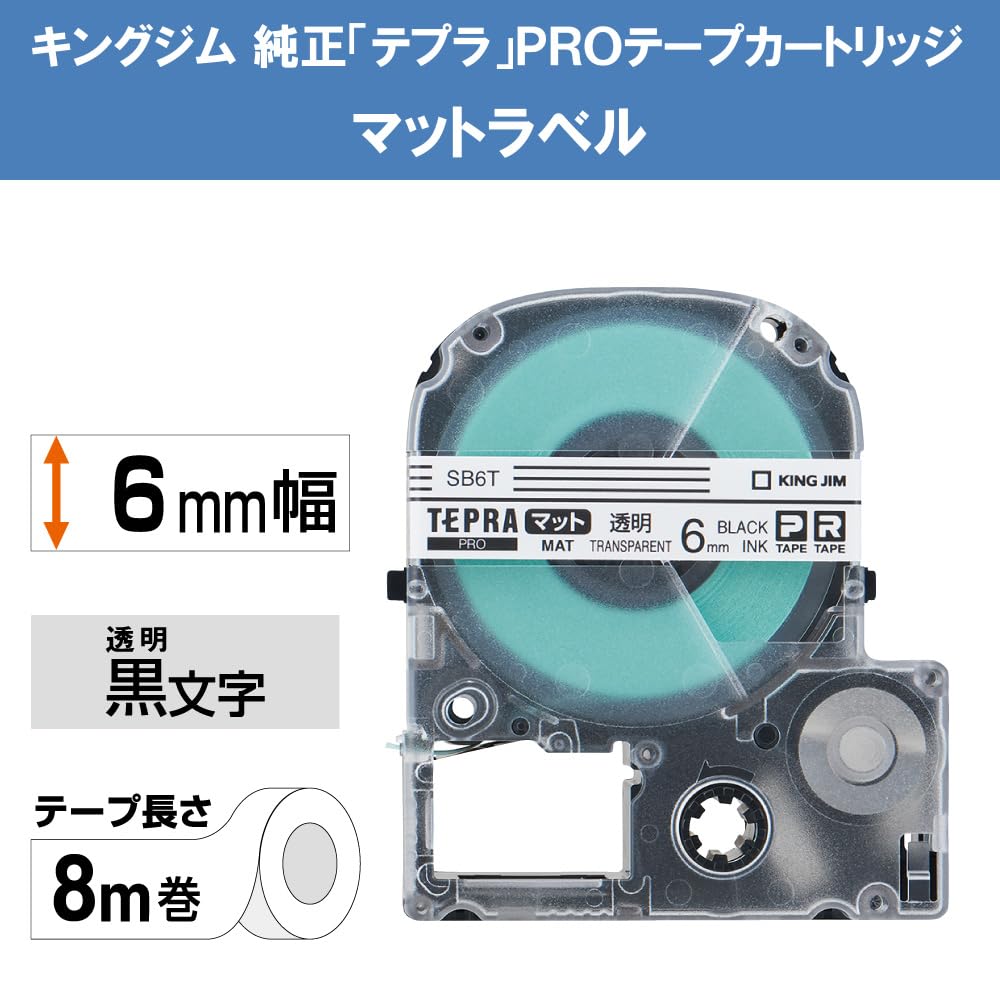 King Jim SB6T Tepra PRO Tape Cartridge, Mat, 0.2 inches (6 mm), Transparent Label/Black Character