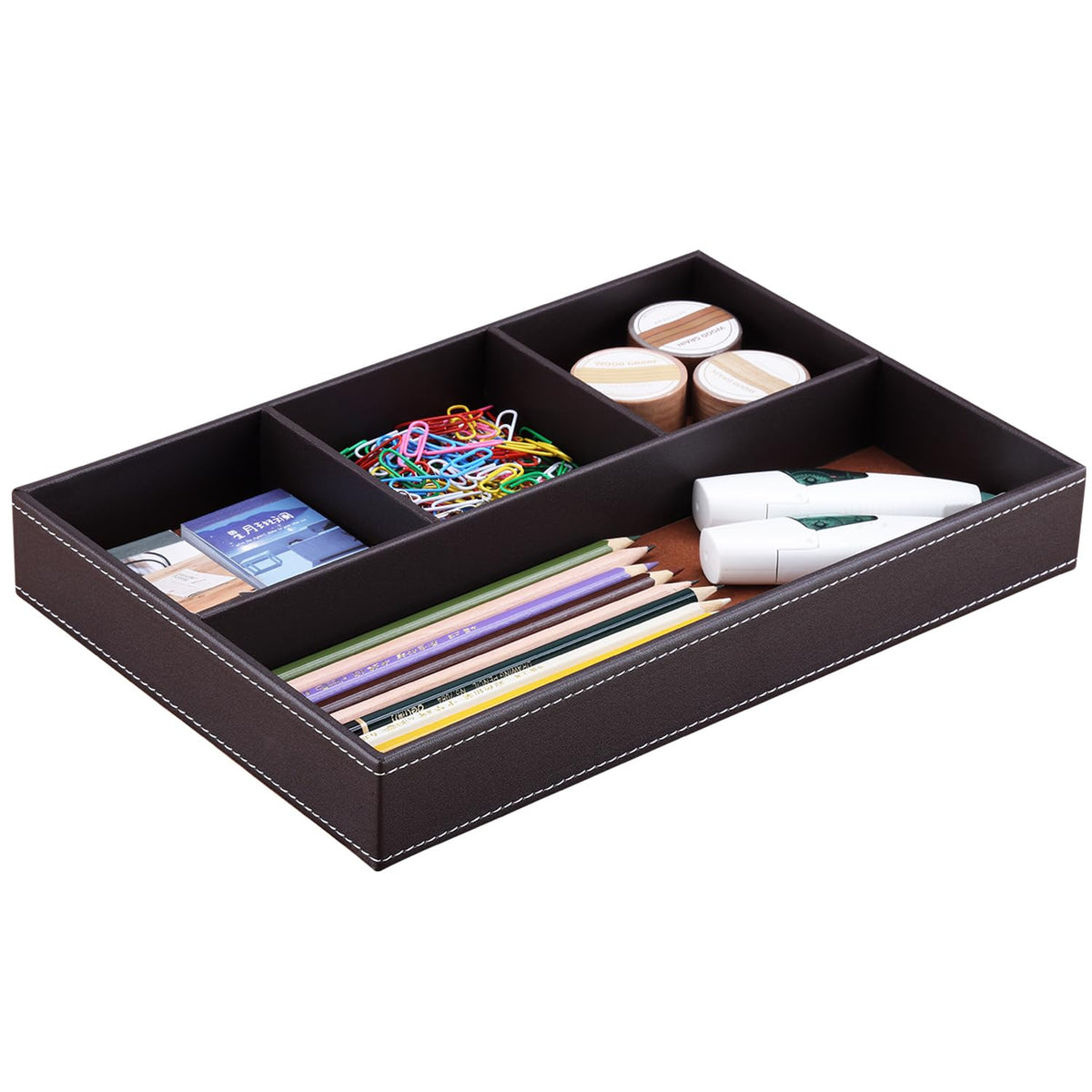 KINGFOM Pu Leather Desk Organizer Tray, 4 Compartment Office Storage Supplies Stationery Drawer