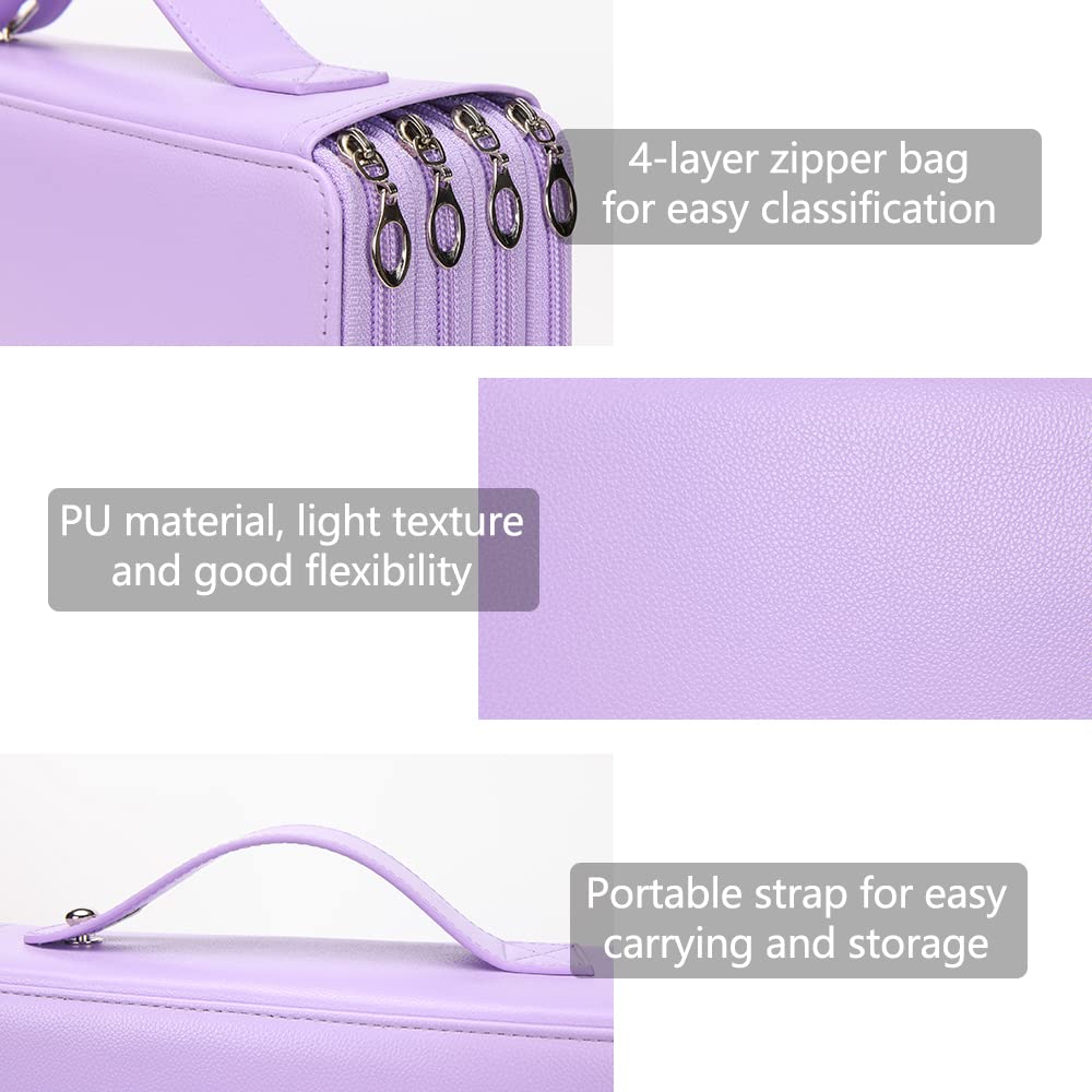 Vomgomfom 200 Slots Pencil Case 4-Layer PU Leather, Handle, Purple
