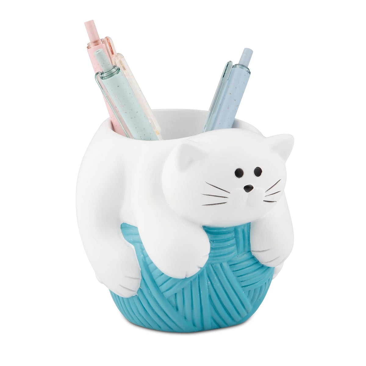 Chapman and Grand Relaxing Kitty Cat Pen Holder, White/Turquoise, Patented