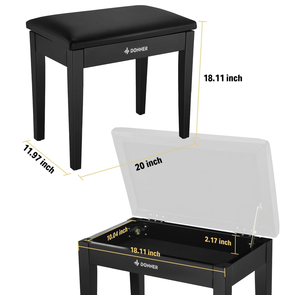 Donner Piano Bench with Storage, Solid Wood Keyboard Bench Piano Bookcase Stool Chair Seat with