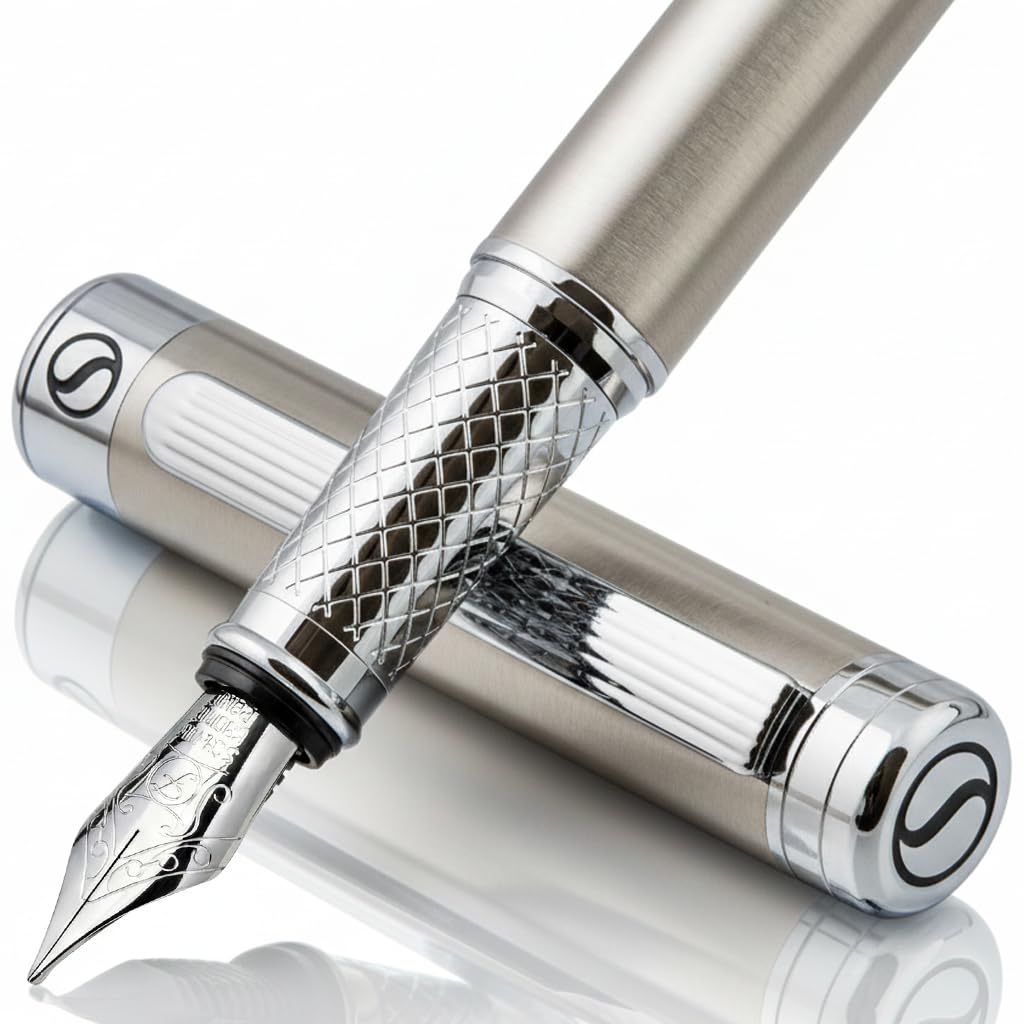 Scriveiner Stainless Steel Fountain Pen - Stunning Luxury Pen with Steel Finish, Schmidt Steel Nib