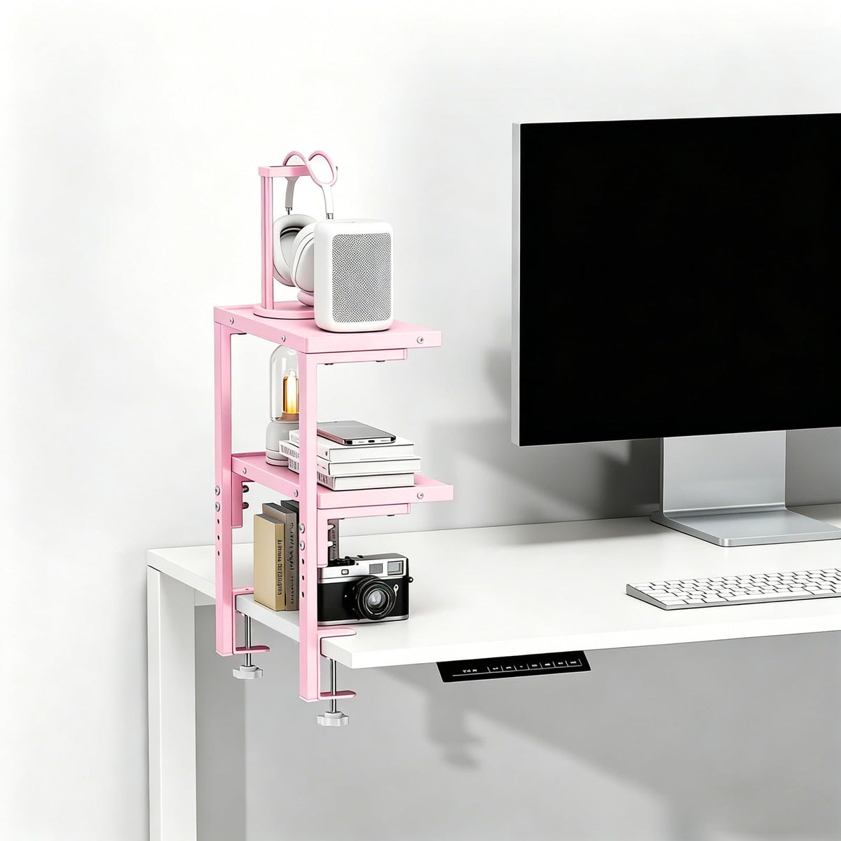 Spacrea Clamp on Desk Shelf, 2 Tier Office Desk Shelves Organizer, Wood Desktop Supplies Storage