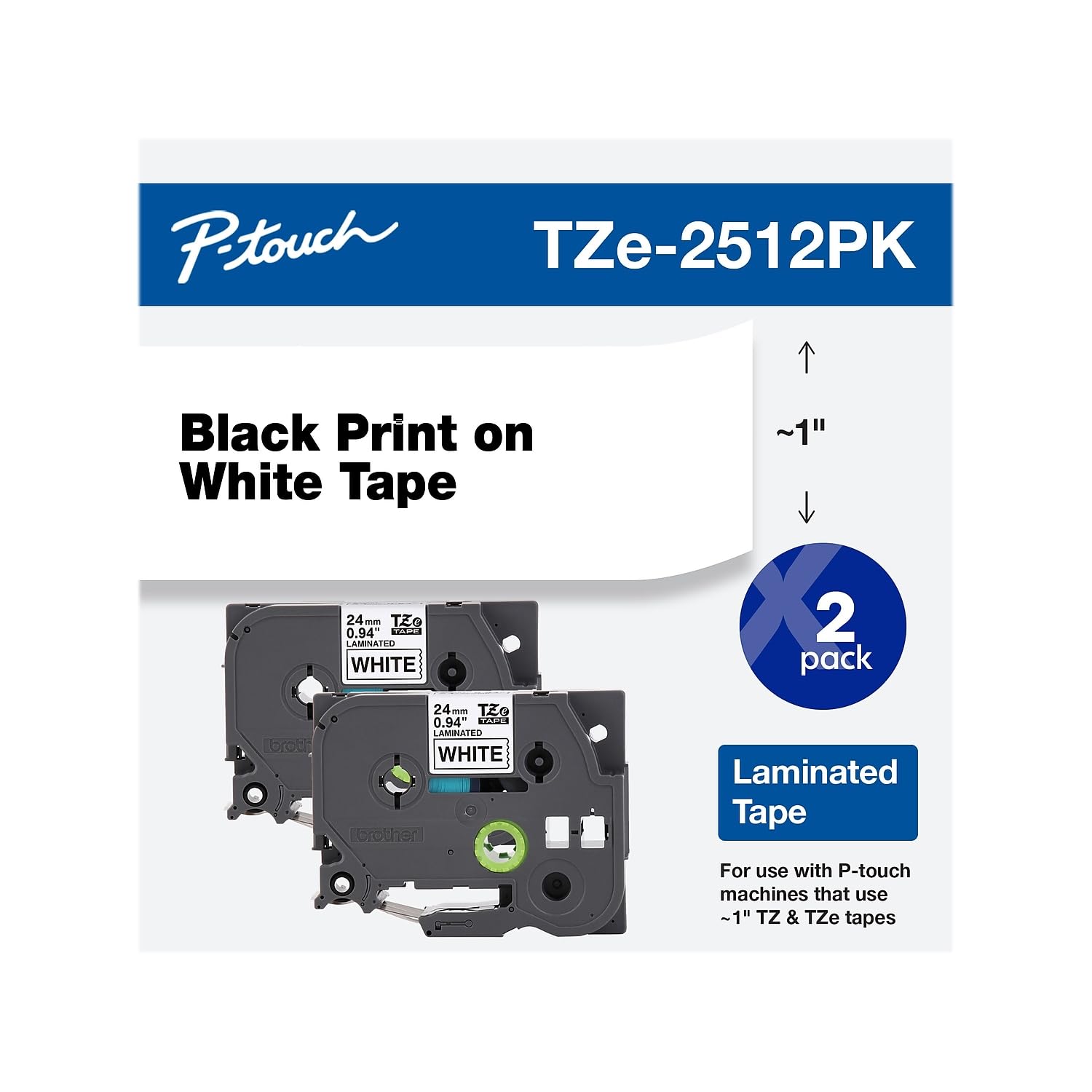 Brother TZe-2512PK ~1" (9mm) Black on White Laminated Label Tapes