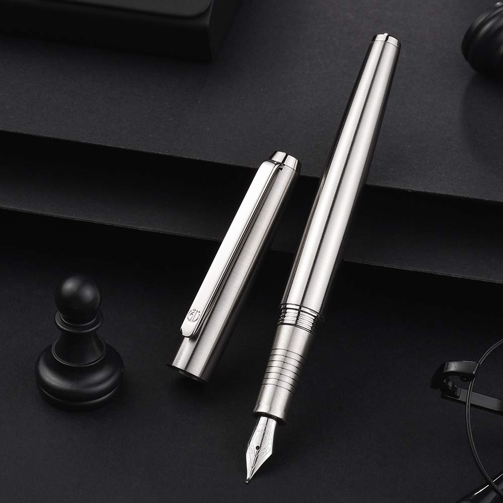 Lanxivi Stainless Steel Fountain Pen Bent Nib Art Drawing Calligraphy Fude Pen Metal Box