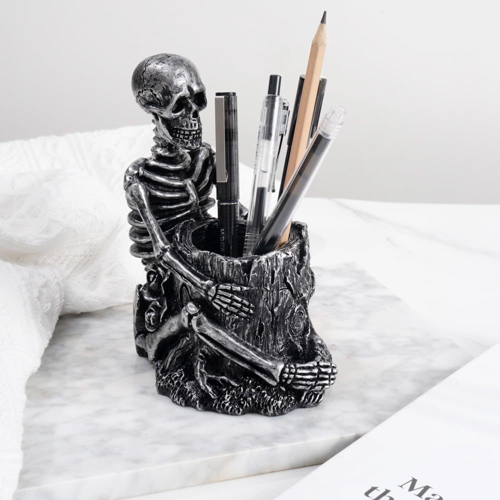 Arola Skull Pen Pencil Holder Skeleton Key Holder Makeup Brush Holder Home Office Desk Supplies