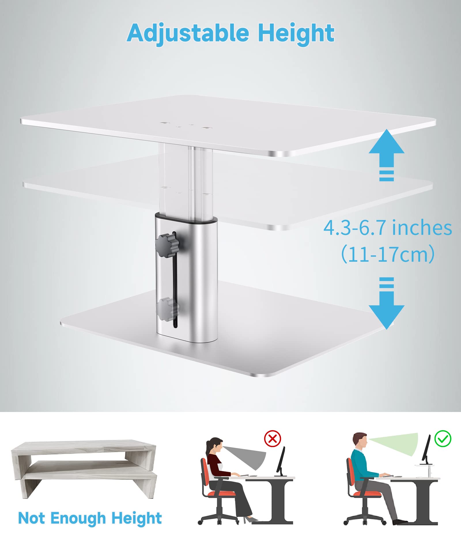 BoYata Monitor Stand, Adjustable Height Metal Desktop Riser, Silver