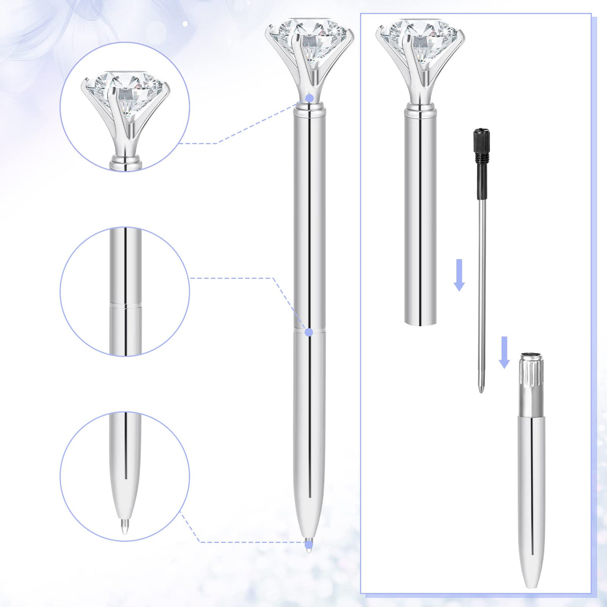 BBTO Pen Holder with 6 Pcs Bling Diamond Pens, Pencil Cups for Desk Glitter Bling Desk Organizer